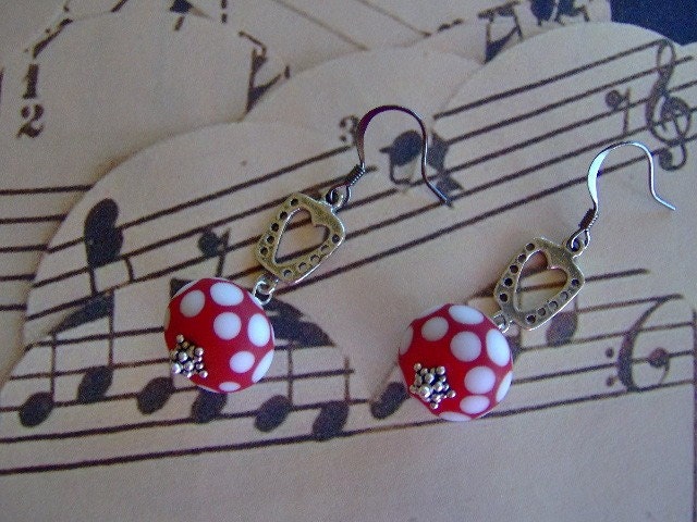 Red and White Polka Dotted Artisan Lampwork Beaded Sterling Silver Earrings