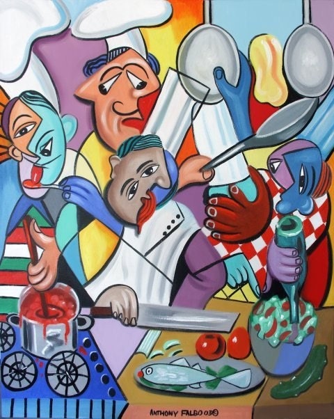 To Many Cooks In The Kitchen Cubist Fine Art Print Food Wine Chefs Anthony Falbo