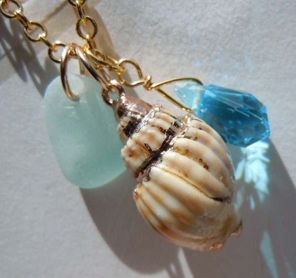 Aqua Sea Glass  with Gold Chain Jewelry