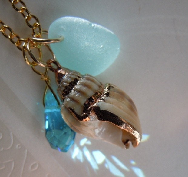 Aqua Sea Glass  with Gold Chain Jewelry