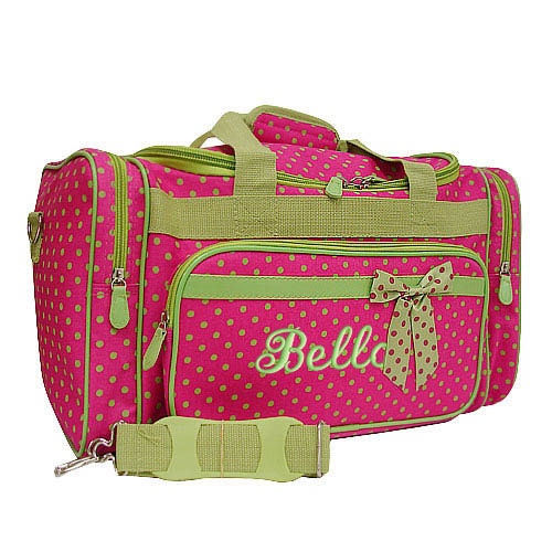 Personalized Duffle Bag Hot Pink Lime Green Polka Dots DANCE GYM Luggage