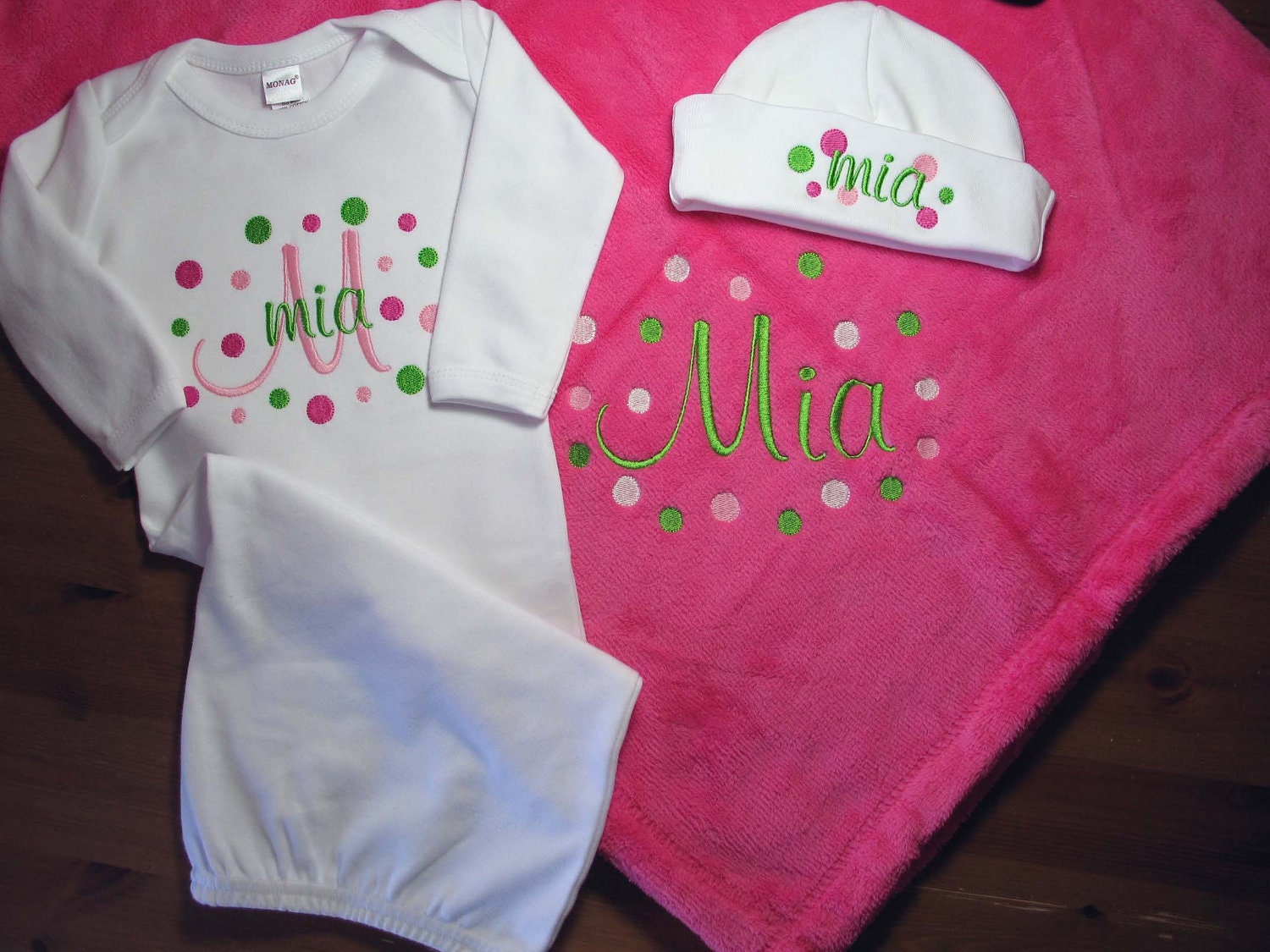 Personalized Baby Blanket Newborn Set Polka Dots Gown Cap Monogrammed