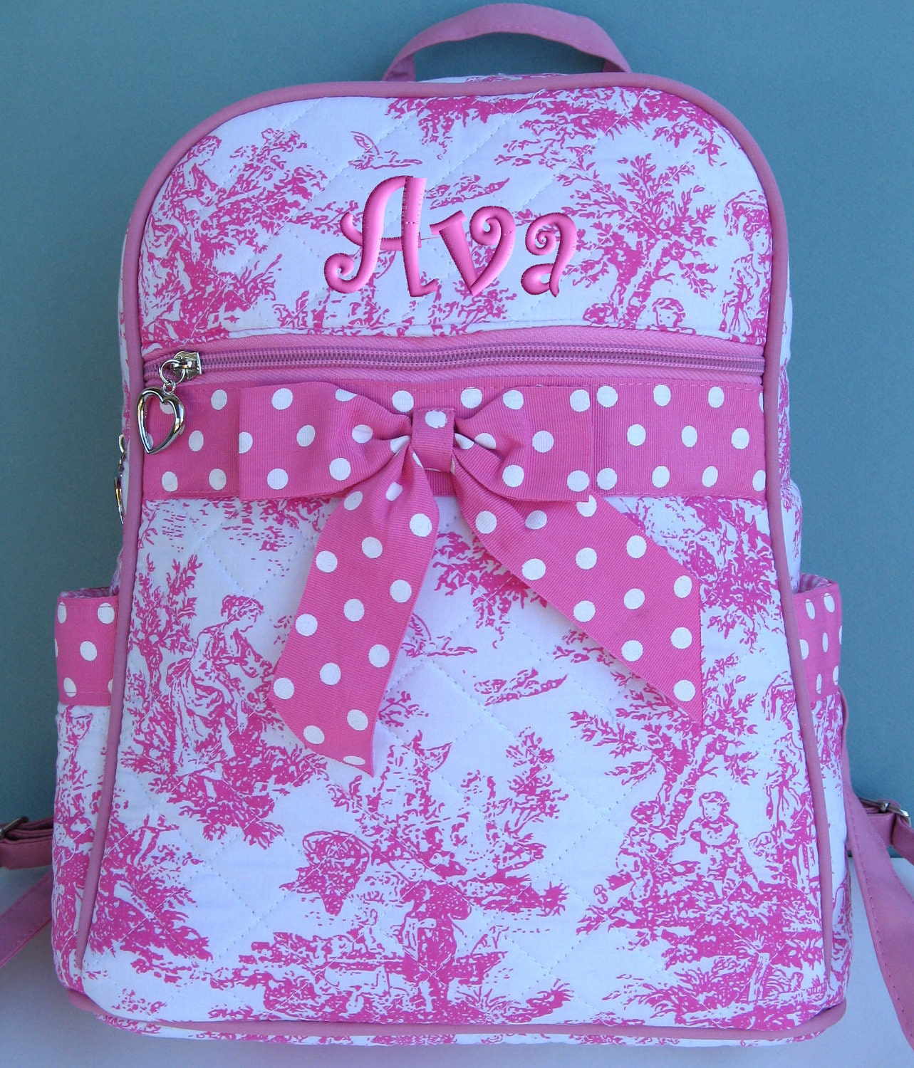 Children Personalized Backpack Pink Toile Polka Dots Quilted Toddler Preschool