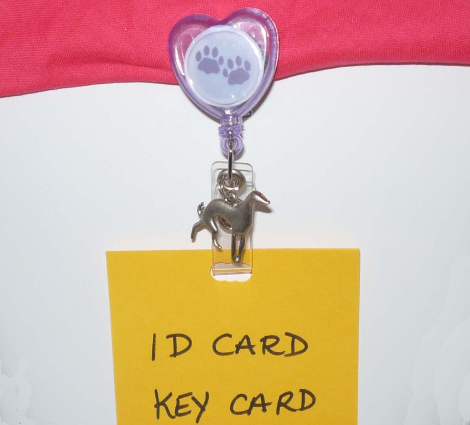 SueBero Retractable Clip-on Pawprint Lanyard w Pewter Greyhound
