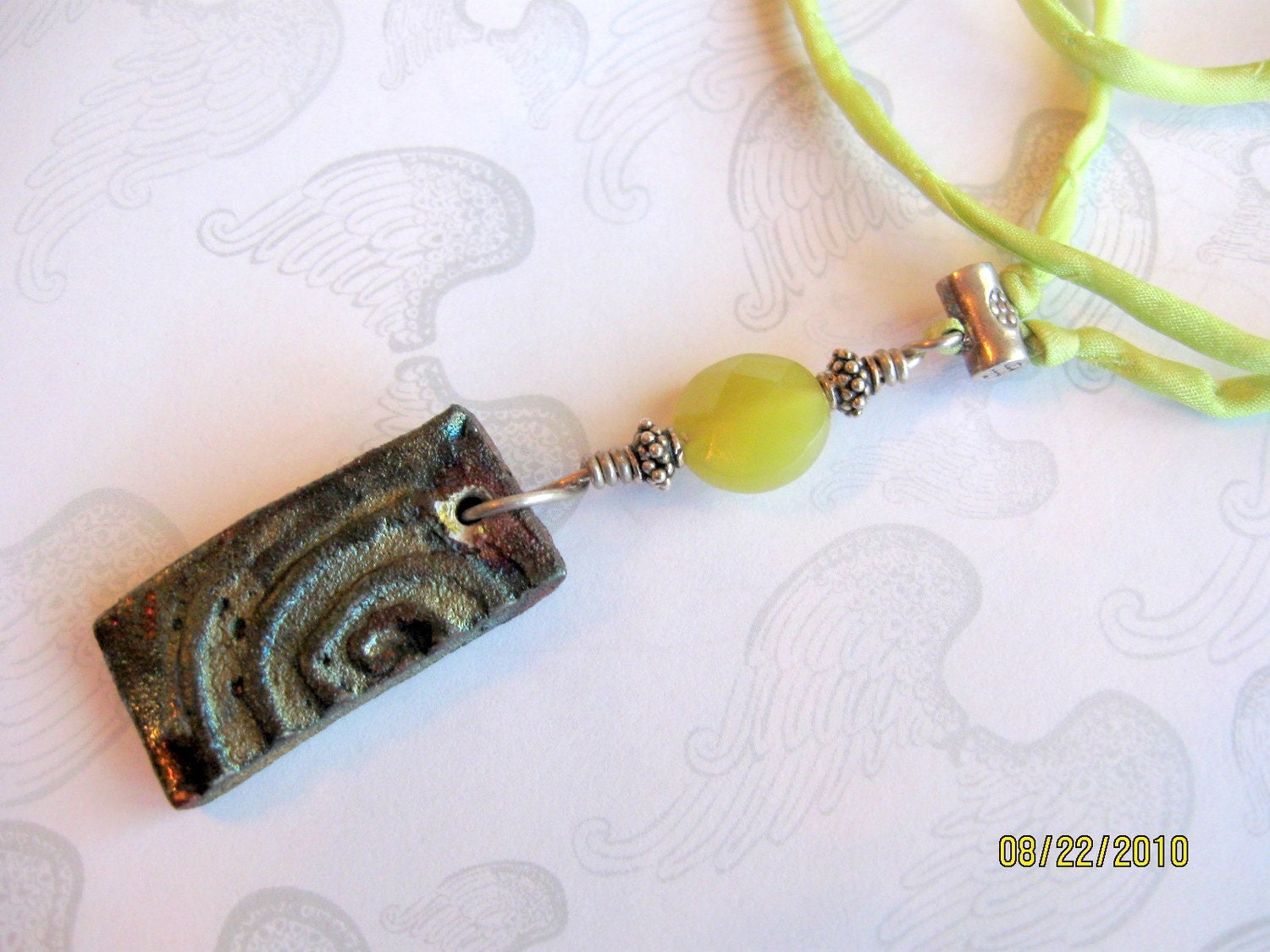 Pendant Necklace with Serpentine, Sterling on Silk Cord, Sale