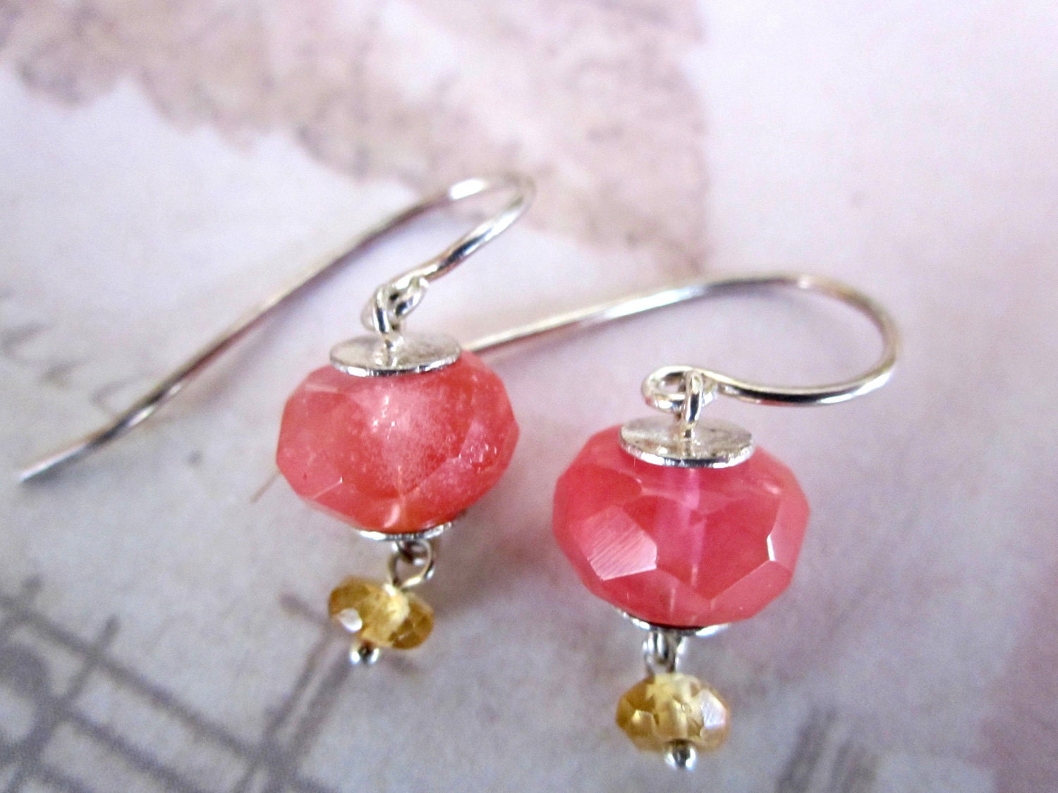 Cherry Quartz Drop Earrings with Citrine,  Handmade
