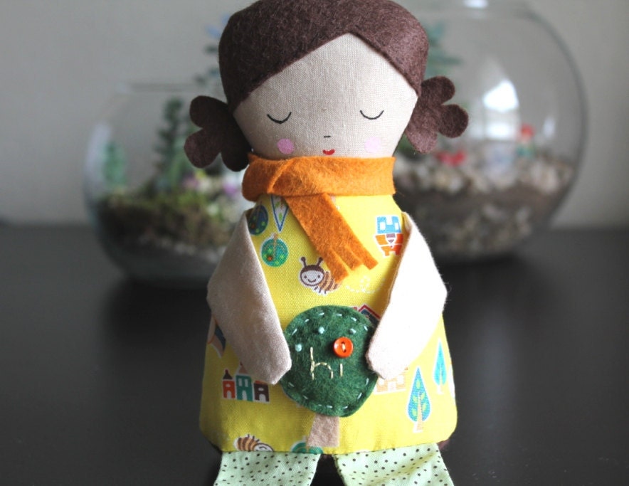 Chloe Brown Hair Rag Doll Paperweight and Decor holding tree (sunny day print)