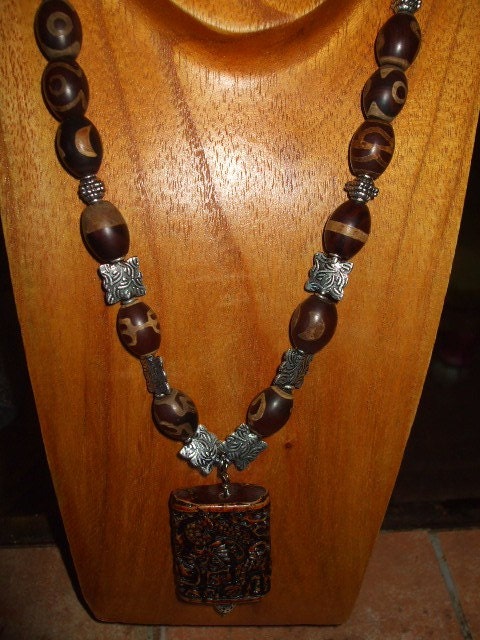 Carved Dragon Focal with Exotic Brown and Silver Beads