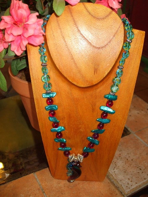 Gorgeous blue lampwork seahorse with pearls
