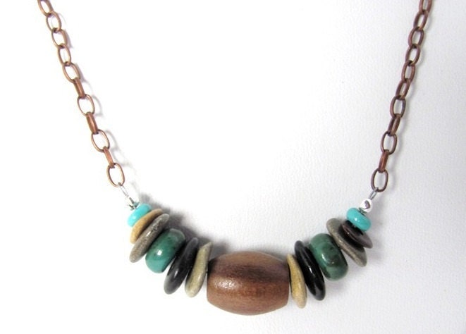 Beach Stone Necklace Handmade Wood Bead Turquoise Beads Natural Jewelry by Hendywood