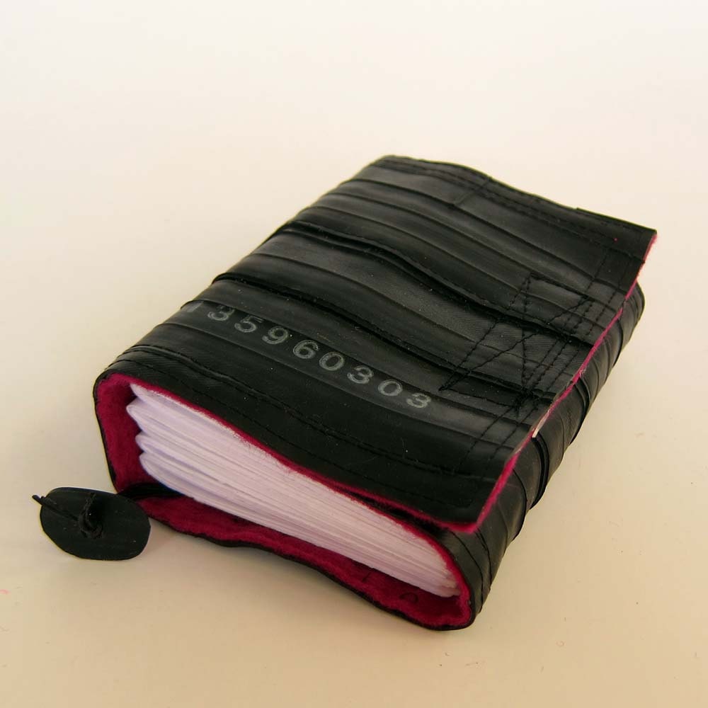 Recycled journal, bike inner tube, blank pages, pink linen and black velcro closure, small.