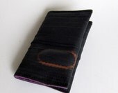 Credit card holder, double, in recycled bike inner tube, purple felt linen and velcro closure