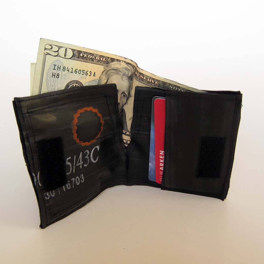 Recycled bike inner tube bifold wallet with black velcro closure and black linen