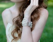 Swarovski Pearl Bridal Cuff Bracelet with Sparkling Art Deco Inspired Clasp in Ivory or White