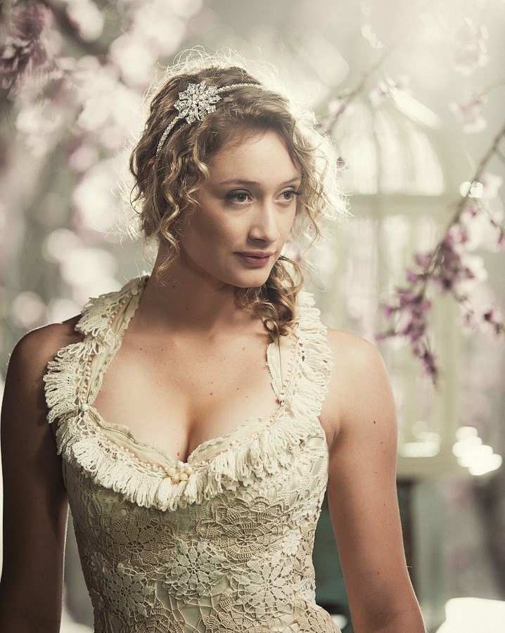 Bridal Brooch Headband with Swarovski Crystals and Pearls Ivory or White