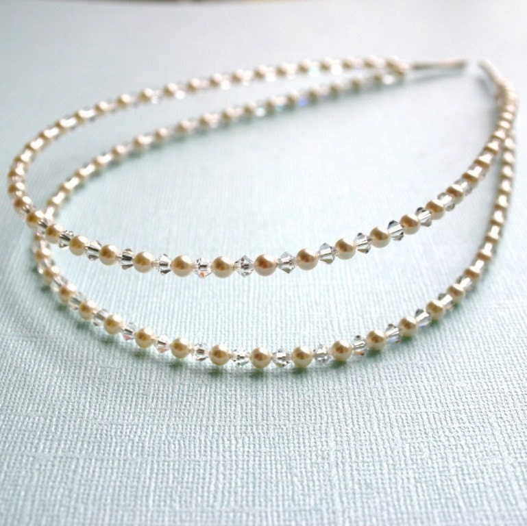 Double Strand Swarovski Pearl and Crystal Headband Tiara PETITE Version in Ivory or White