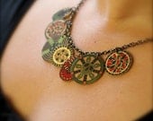 Cranberry Red and Olive Green Shrink Plastic Medallion Charm Necklace