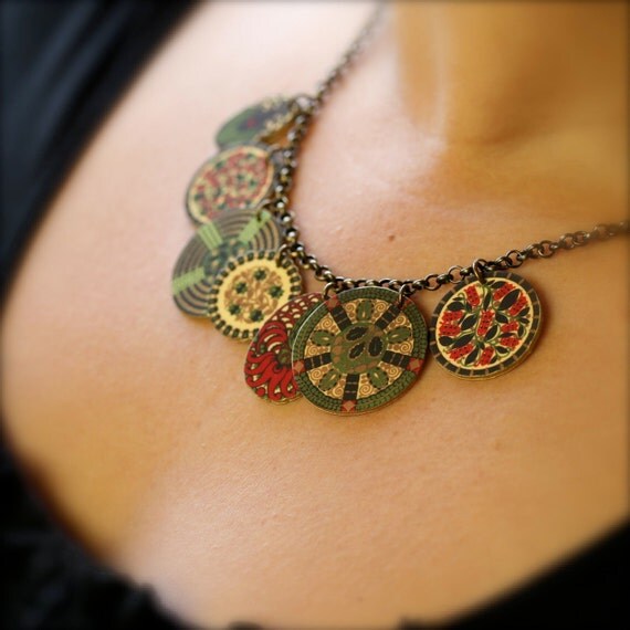 Cranberry Red and Olive Green Shrink Plastic Medallion Charm Necklace