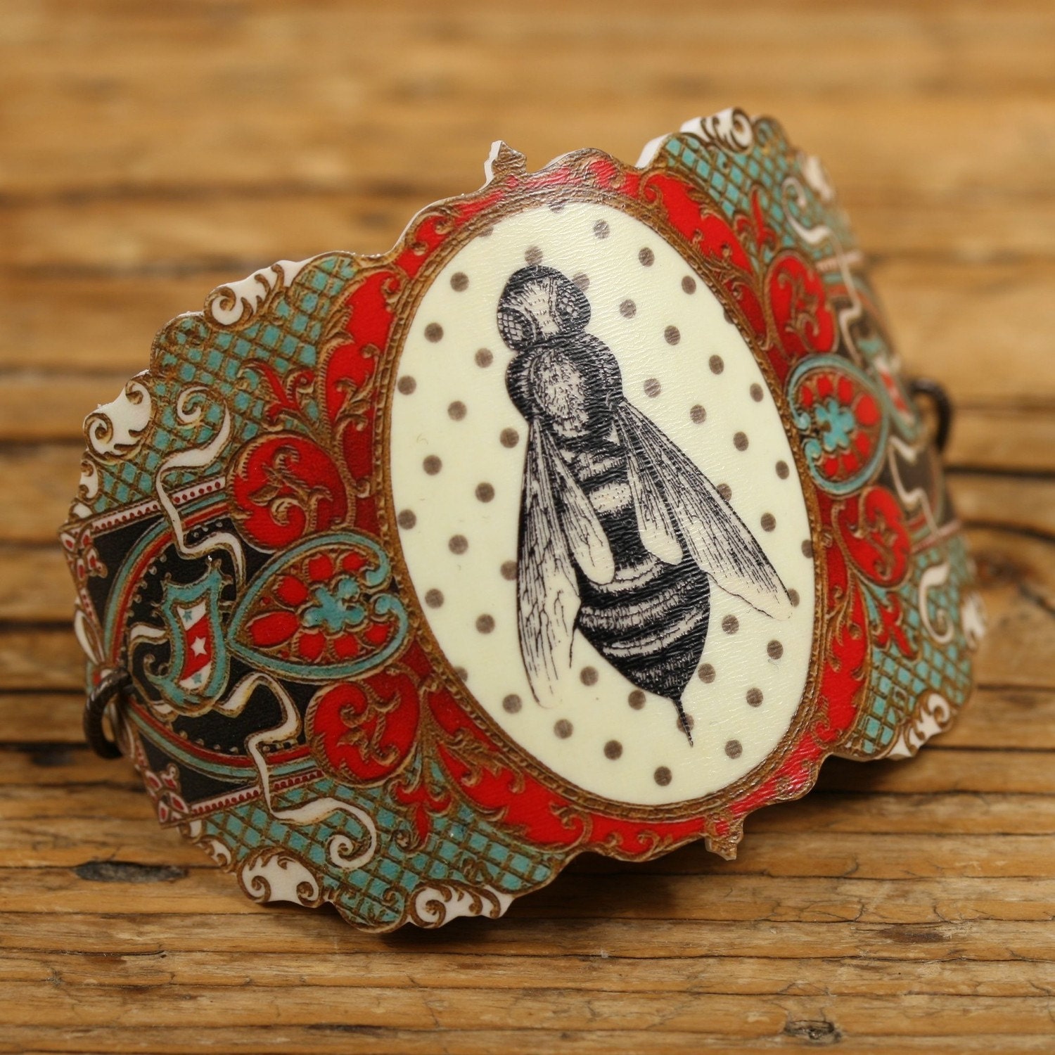 Red and Green Bee Shrink Plastic Cuff Bracelet