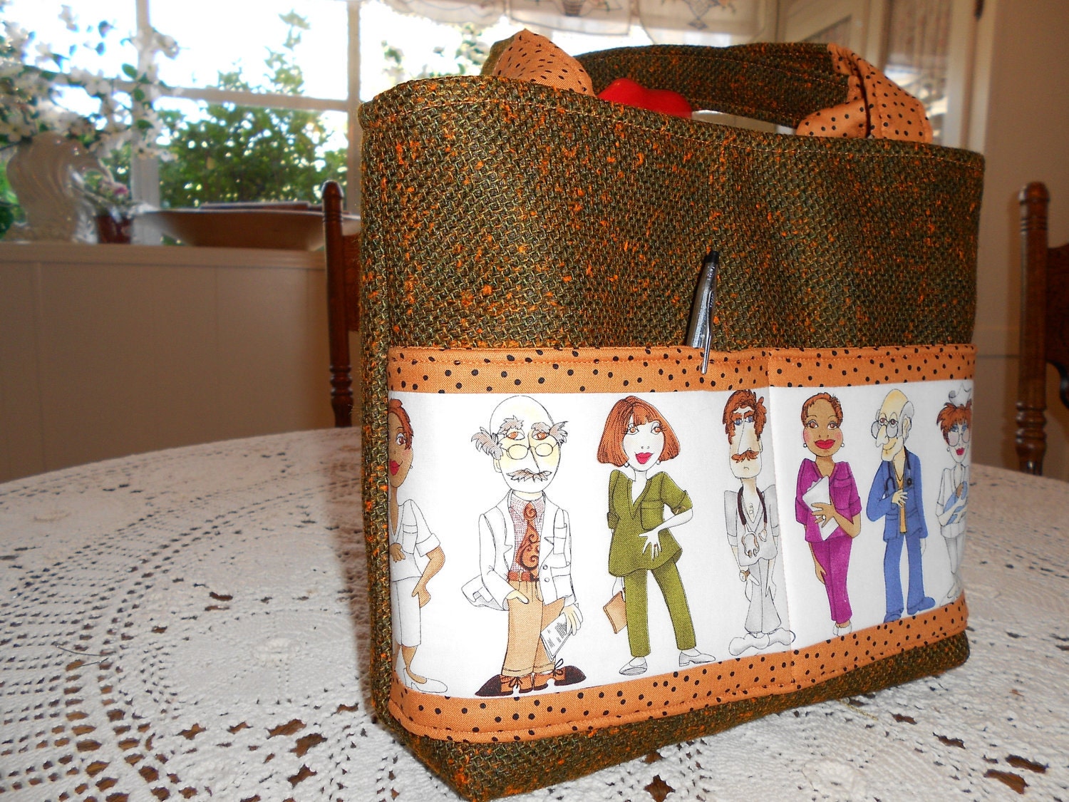 Nurse Tote Bag Purse One Of A Kind Dark Tweed with Orange to Pumpkin