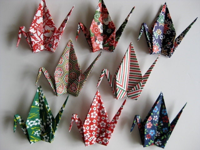 8 Large Japanese Heavy Washi Chiyogami Paper Cranes in Assorted Design