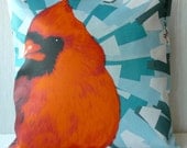 Pillow case Northern Cardinal with geometric background in blue  in 16x16 inch 40x40cm for throw pillow or accent pillow. Last one.