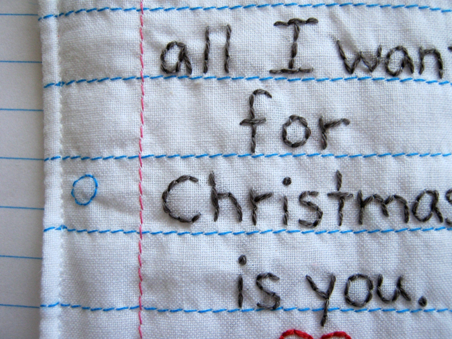 Christmas Love Note Hand Embroidered with a Notebook Paper Design, Eco Friendly Materials