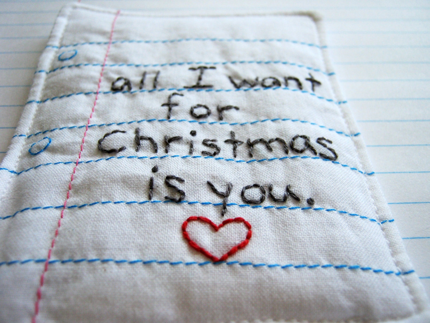 Christmas Love Note Hand Embroidered with a Notebook Paper Design, Eco Friendly Materials