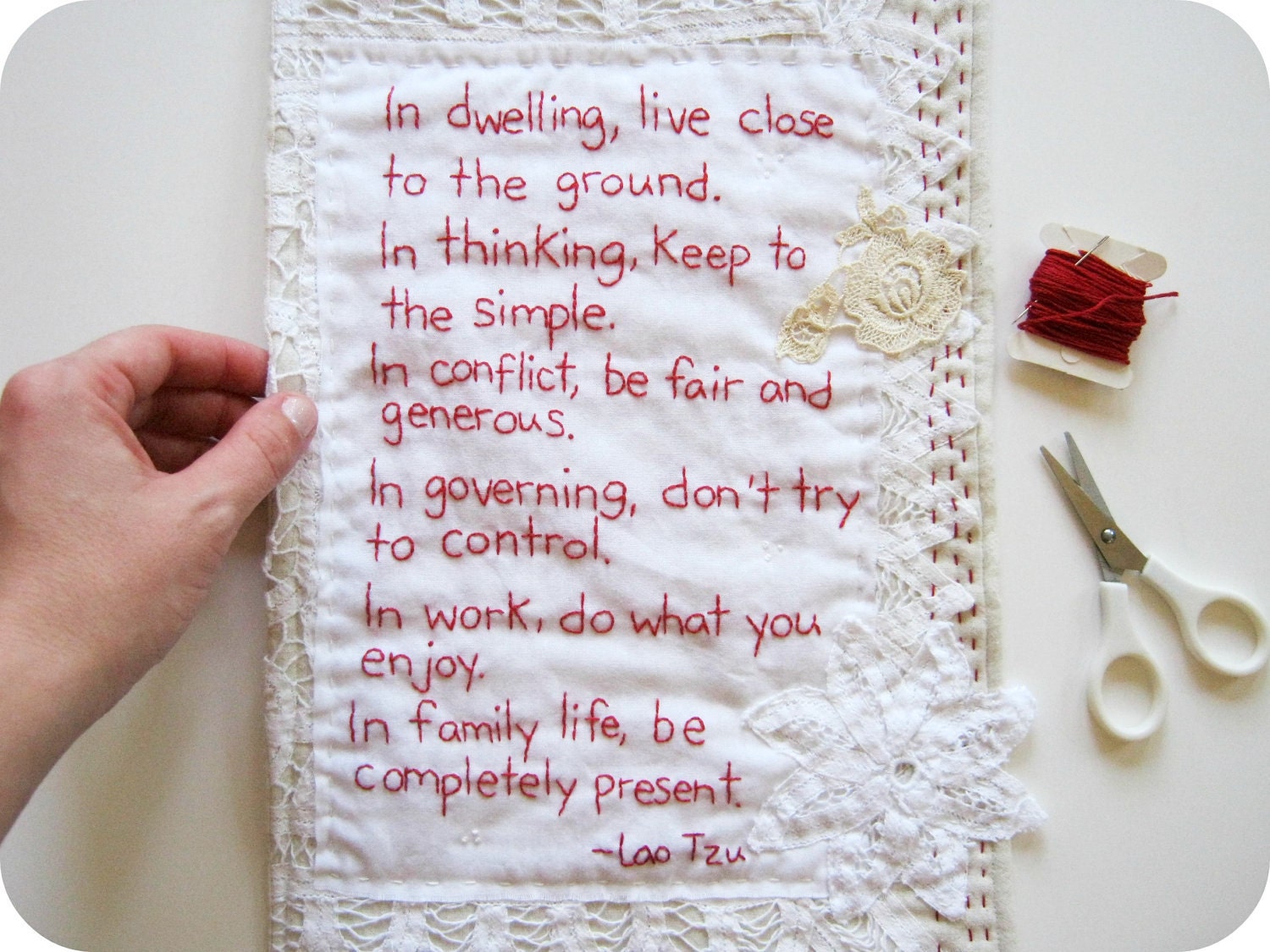 Vintage Inspired Hand Embroidered Mini Art Quilt - Lao Tzu Quote