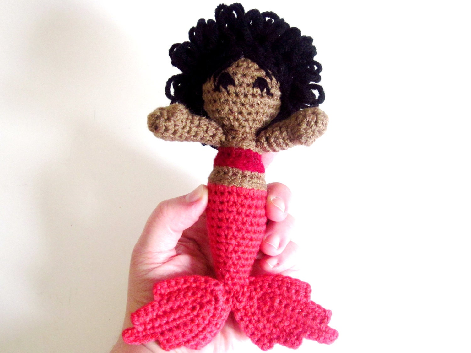 Waldorf Doll: Brown Skin Mermaid Amigurumi RATTLE with Short Black Hair, Red Top, Pink Fins - Handmade and Crocheted by The Silver Hook