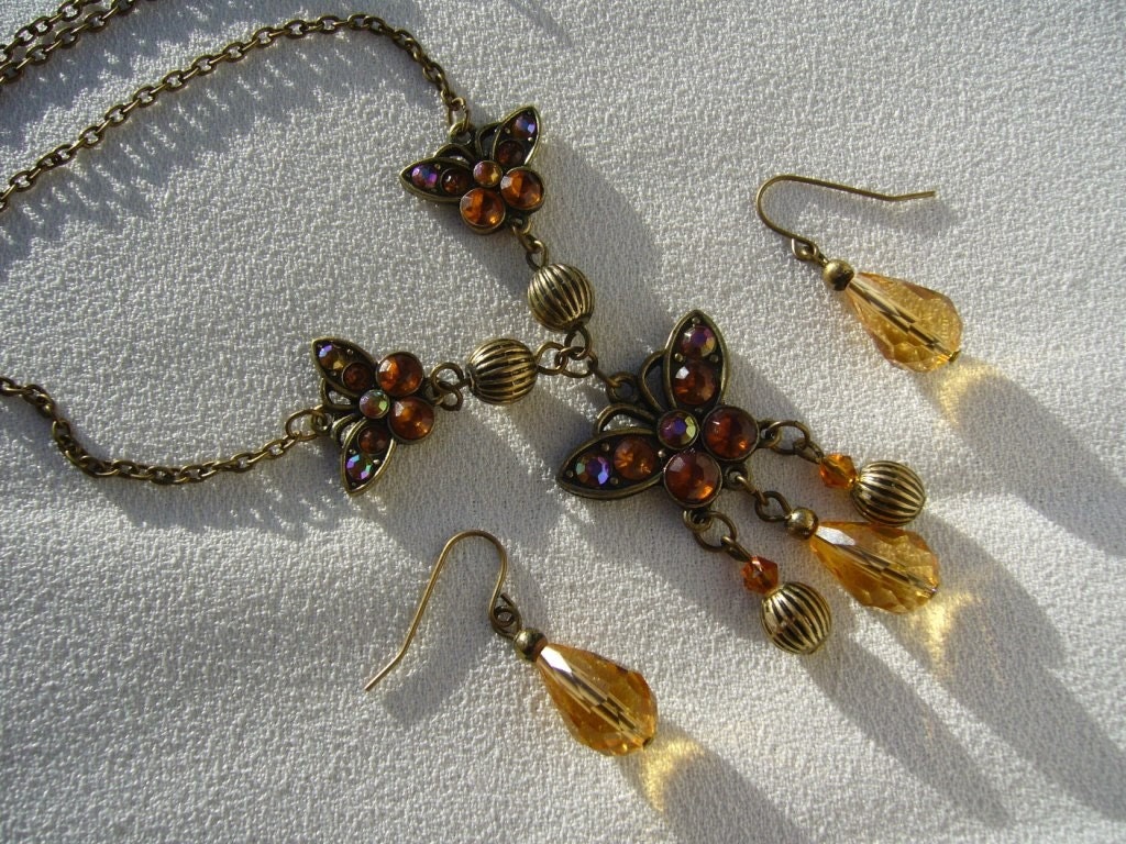 SALE Brass Butterflies and Citrine Crystal Pendant Necklace and Earrings