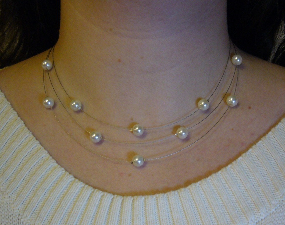 Three Stranded Ivory White Pearl Necklace and Earrings Set