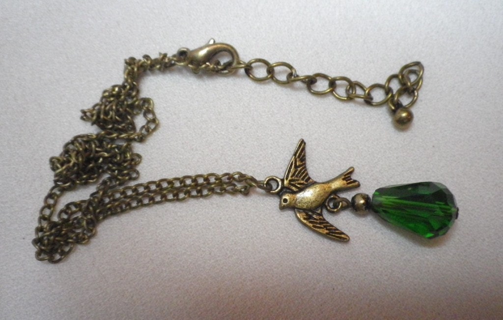 SALE Brass Bird Pendant with Emerald Green Crystal Briolette on Brass Chain