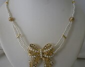 Gold Filigree and Ivory White Seed Pearls Necklace