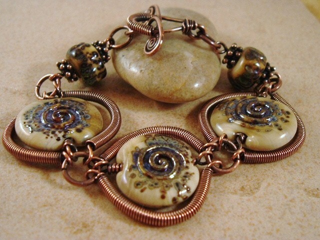 Copper bracelet and earrings set. Earthy. Goddess Spirals. beige and brown