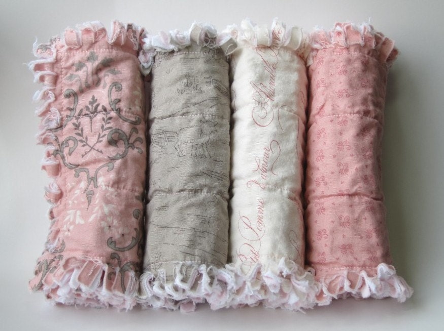 Baby Girl Burp Cloths French Country Pink Gray Set of Four - LittleTreasureQuilts