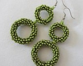 Rustic Double beaded hoops GYPSY earrings. Lime green glass beads. 3 inches long