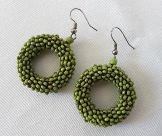 Beaded hoops GYPSY rustic beaded earrings. Lime or grass green. 2 inches long