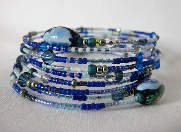 TOUCH of DENIM  Gypsy wrap around bangle bracelet. Blue, navy, light blue, green, teal with millefiore bead ends