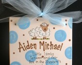 Ceramic Hand Painted Little Lamb Birth Announcement - Baptism - Child's Birthday Tile 8x8 with Ribbon