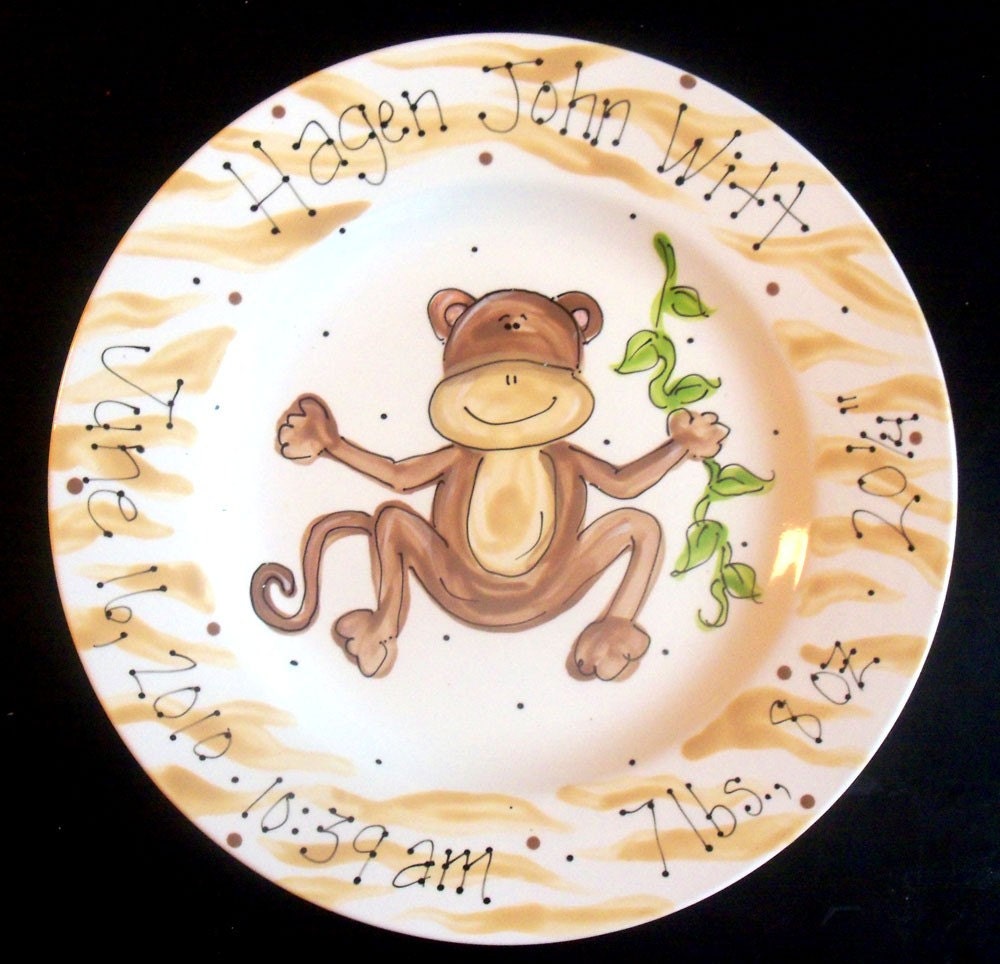 Hand Painted Monkey Birth Announcement Plate