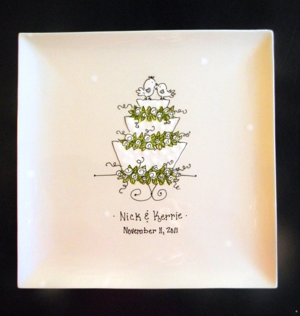 Hand Painted 10" Square Ceramic Wedding Plate with Love Birds