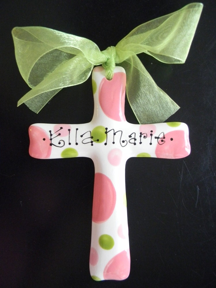 Pink and Green Baptism Cross - Children's Hand Painted Ceramic Cross - Great Baptism, Christening or Shower Gift