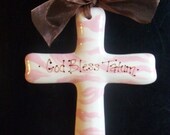Pink and Brown Zebra print Baptism Cross - Children's Hand Painted Ceramic Cross - Great Baptism, Christening or Shower Gift