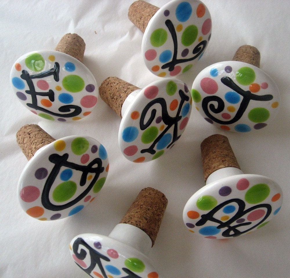 Personalized Wine Stopper - Hand Painted Ceramic Initial Polkadot Personalized Wine Stopper
