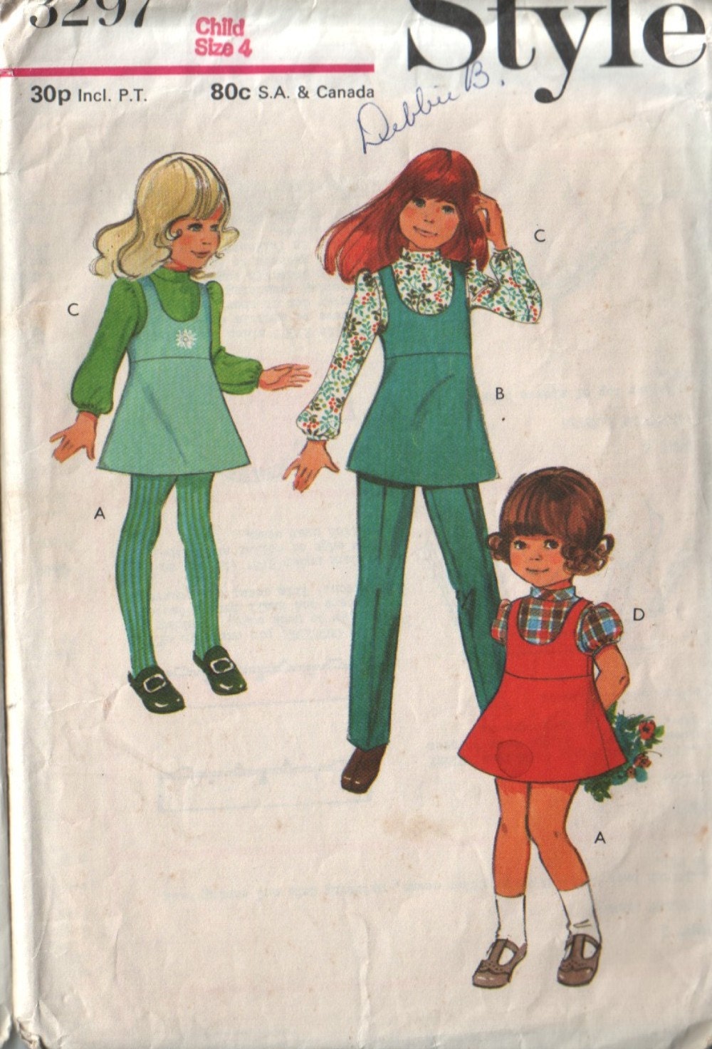 style 3297, vintage 70s children's dress, tunic, blouse and pants pattern, toddler girl size 4, chest 23 FREE SHIPPING to canada and usa
