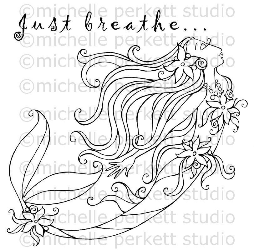 Digital Stamp Image Mermaid Ocean Flowers Tail Fins Pretty Girly Cardmaking Scrapbooking