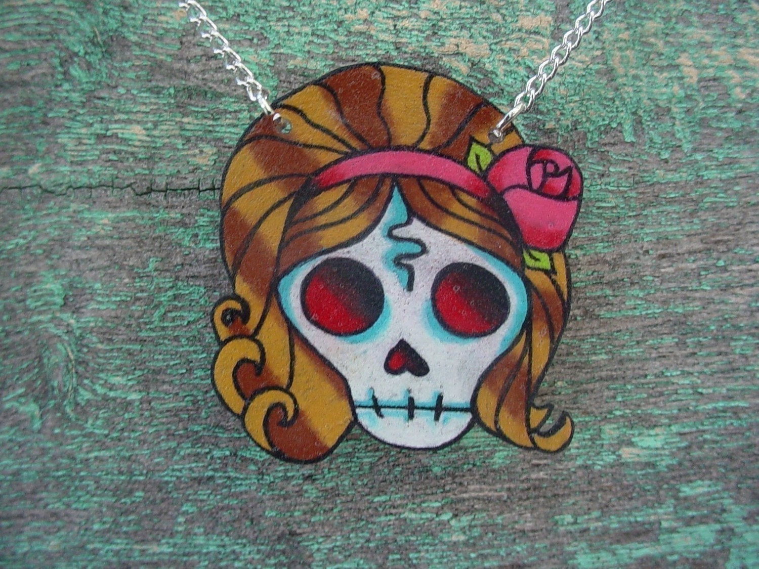 Retro zombie skull pinup girl necklace with silver plated chain