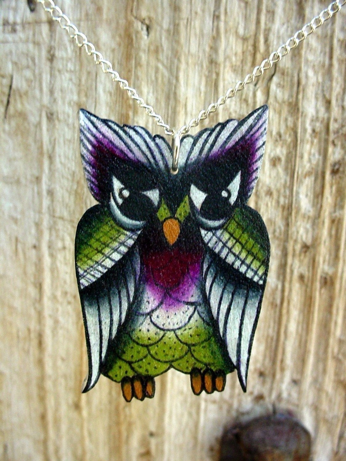 traditional tattoo style fall color lucky owl necklace