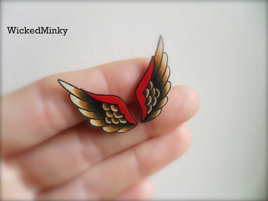NEW tattoo style unique wing stud earrings in cream black and red